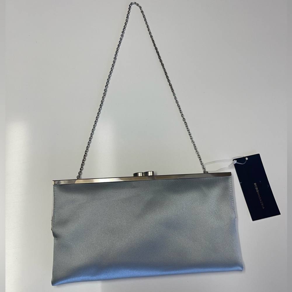 BCBGMaxAzria Silver Satin Frame Clutch with Chain